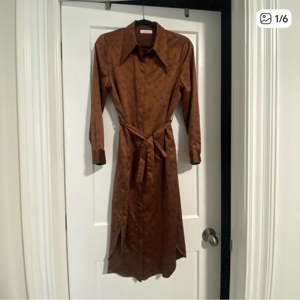 Oak & Fort Womens Size M Faux Silk Brown Midi Dress